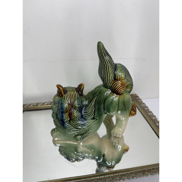 Chinese Foo Dog Green Guardian Shishi Lions Figurine Green Glazed Chinoiserie - Picture 14 of 14